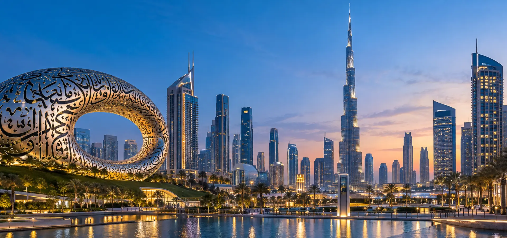 Museum of the Future and Dubai attractions at blue hour
